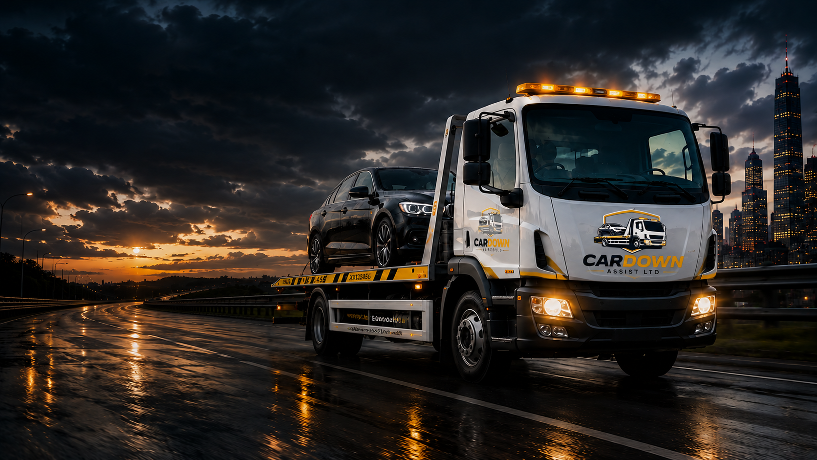 Tow truck recovering a vehicle on a UK highway at dusk